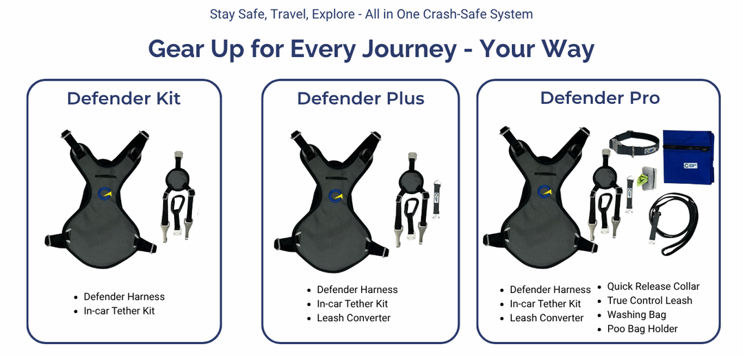 Crash Safe Dog Defender Series harnesses displayed side by side, including Defender Plus, Defender Kit, and Defender Pro, with safety gear accessories.