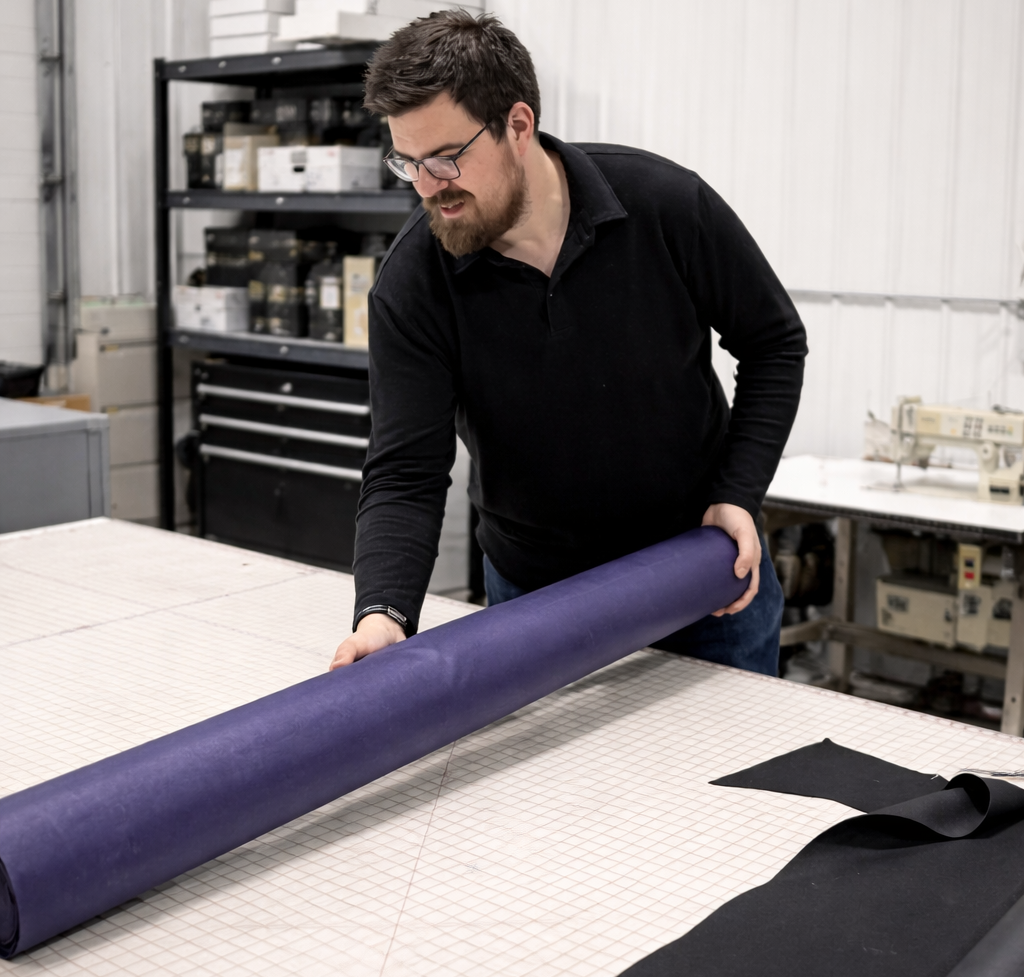Man unrolling purple fabric in a workshop setting