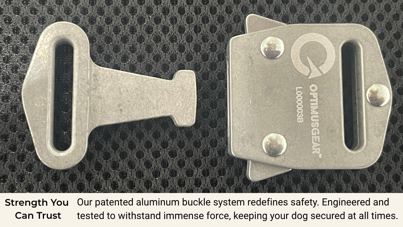 Close-up of Crash Safe Dog’s patented Optimus aluminum buckle system, engineered and tested in Canada for maximum strength and safety.