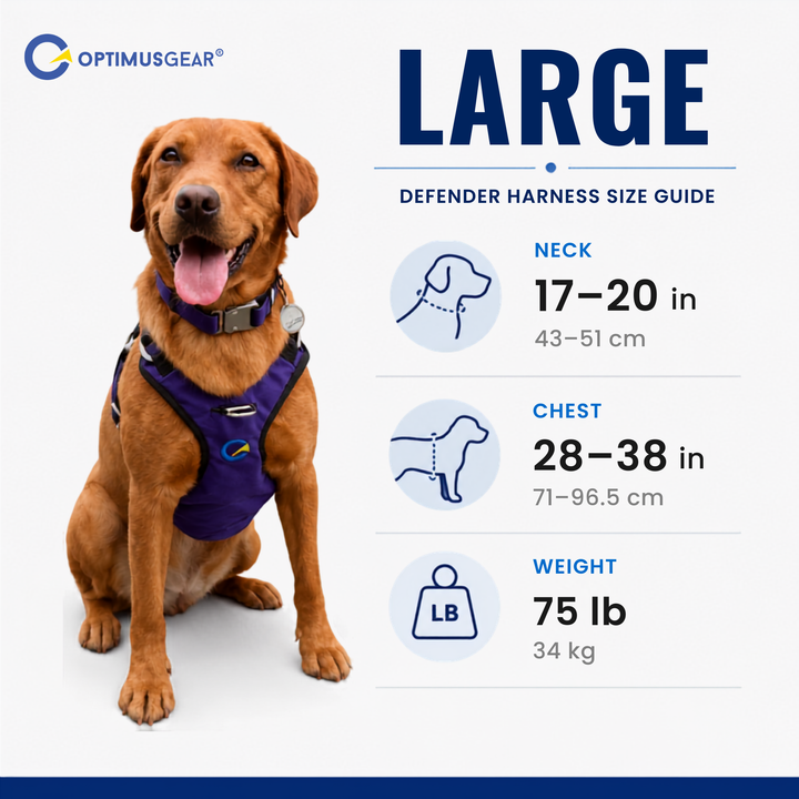 Defender harness size guide: Large. Neck 17–20 in, chest 28–38 in, weight 75 lb