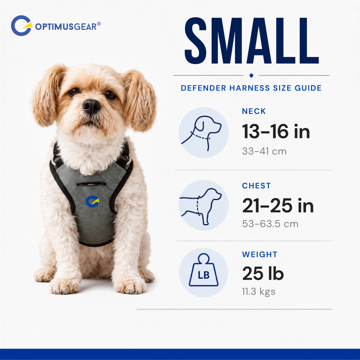 Defender harness size guide: Small. Neck 13–16 in, chest 21–25 in, weight 25 lb